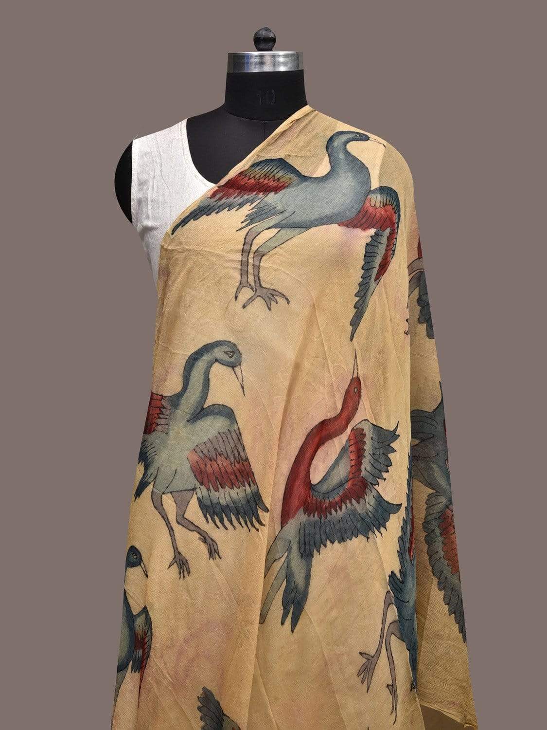 Cream Kalamkari Hand Painted Chiffon Dupatta with Birds Design ds2308