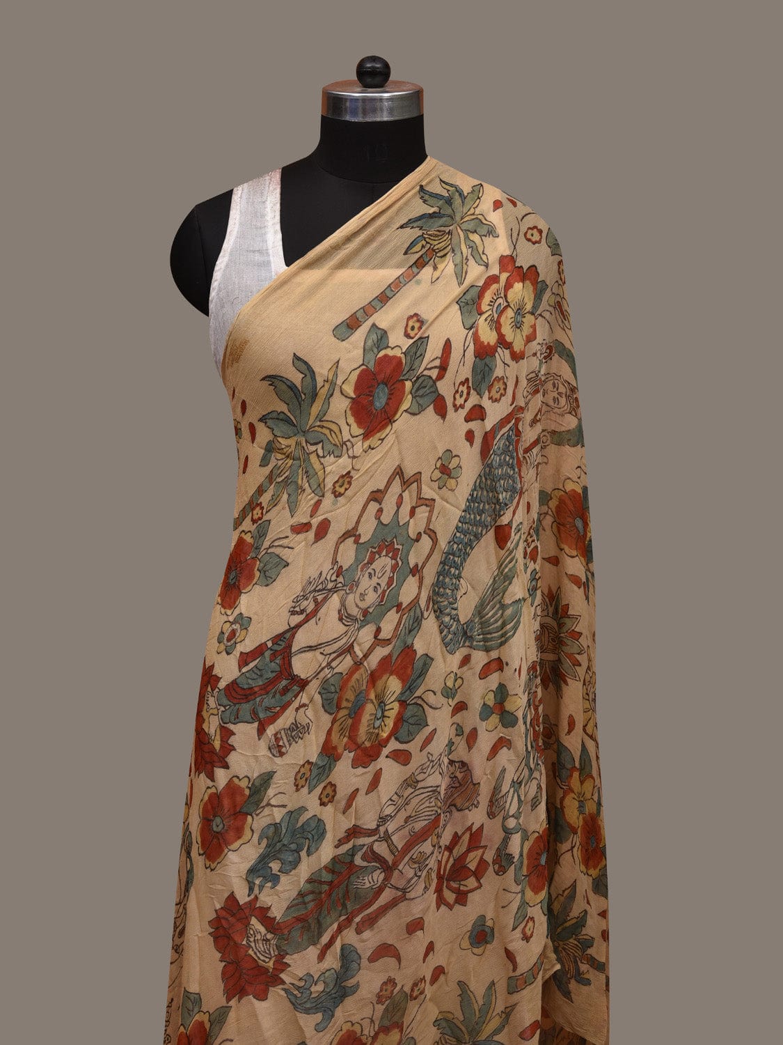 Cream Kalamkari Hand Painted Chiffon Dupatta with Dashavatar Design ds2992
