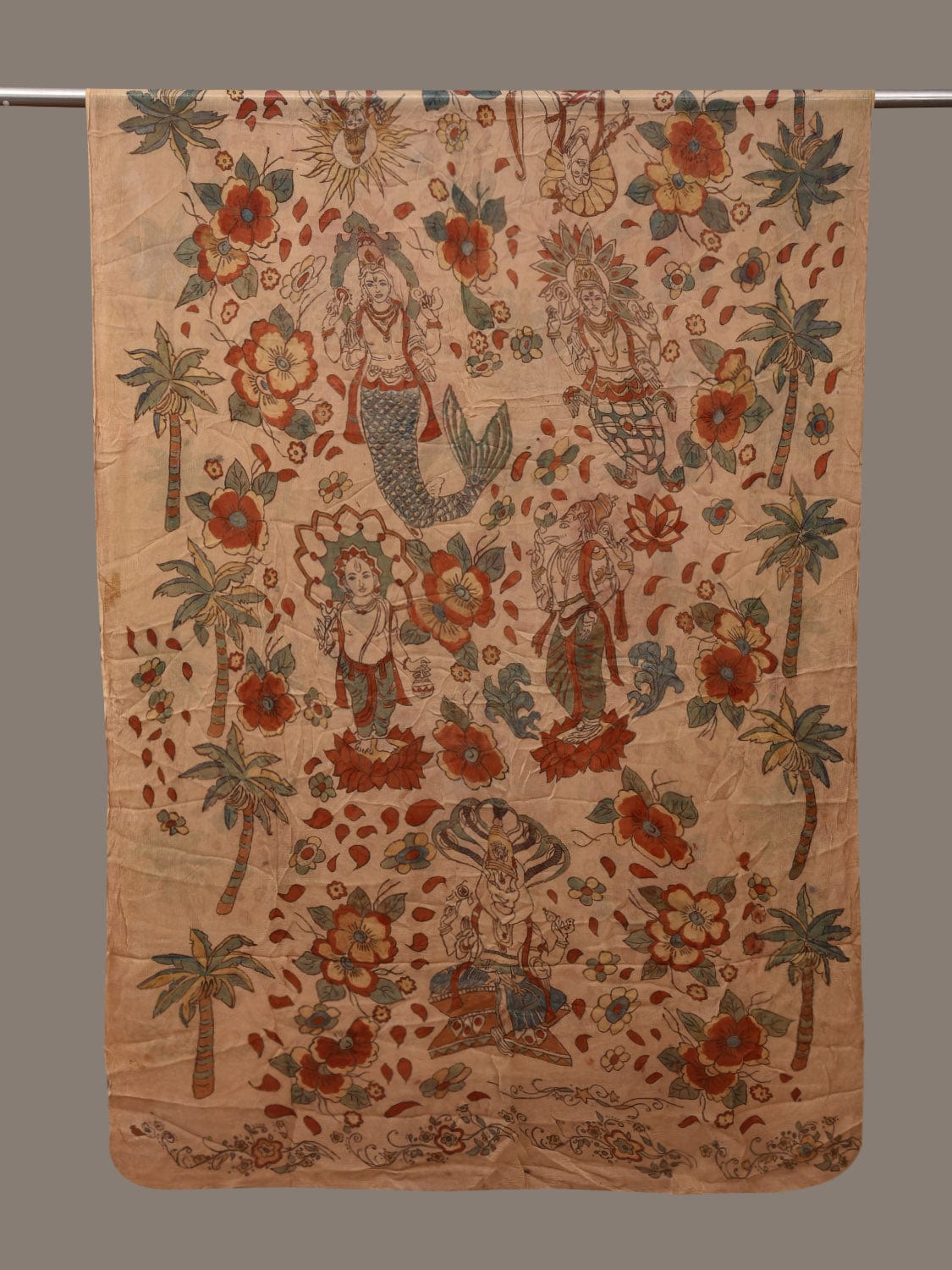 Cream Kalamkari Hand Painted Chiffon Dupatta with Dashavatar Design ds2992