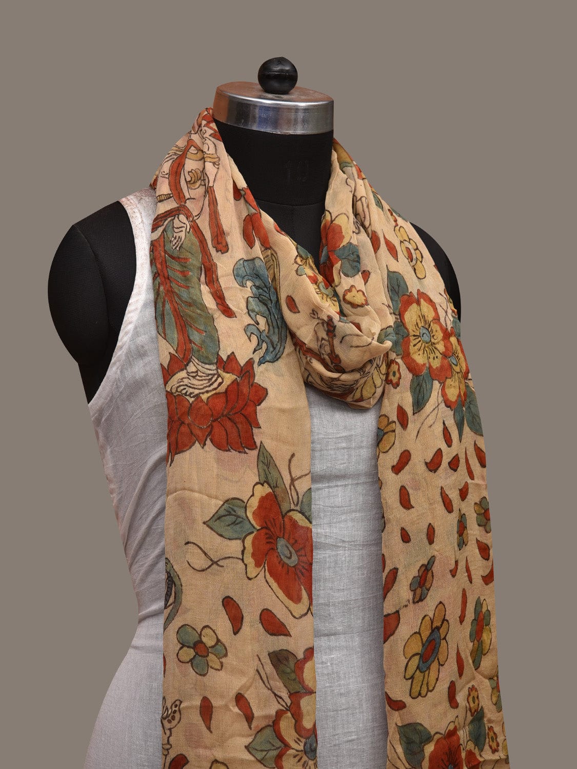 Cream Kalamkari Hand Painted Chiffon Dupatta with Dashavatar Design ds2992
