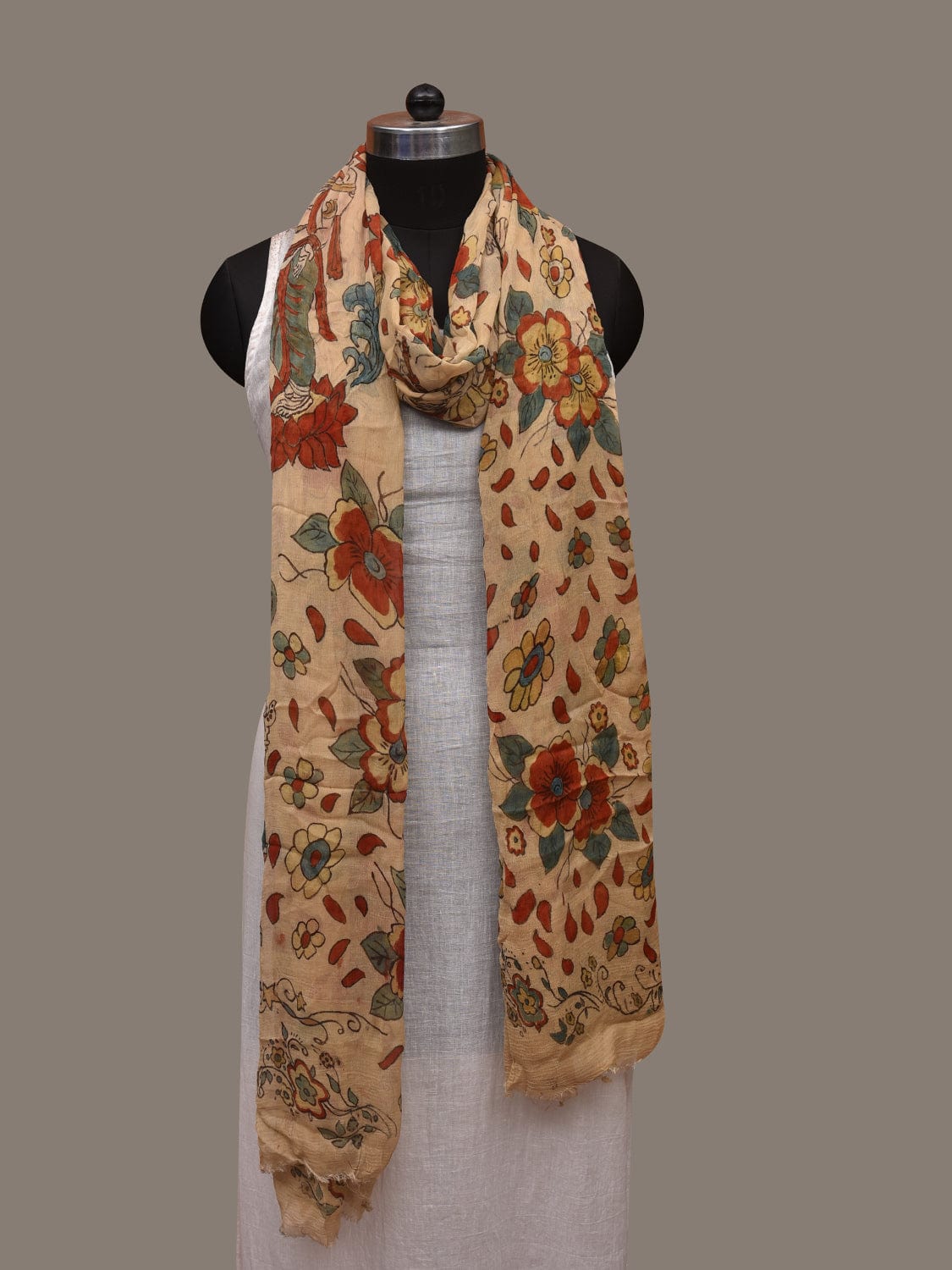 Cream Kalamkari Hand Painted Chiffon Dupatta with Dashavatar Design ds2992