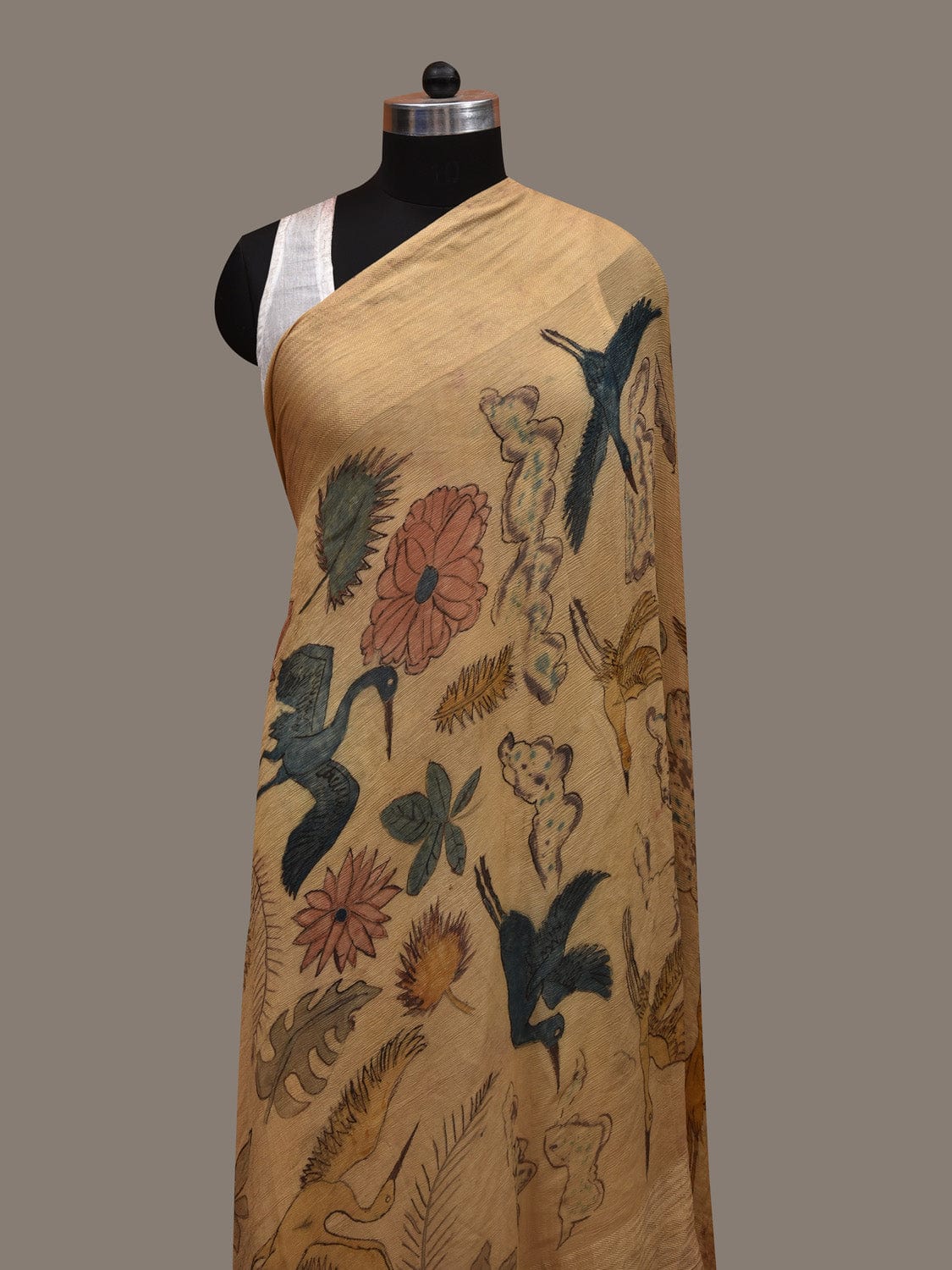 Cream Kalamkari Hand Painted Chiffon Dupatta with Floral and Birds Design ds2926