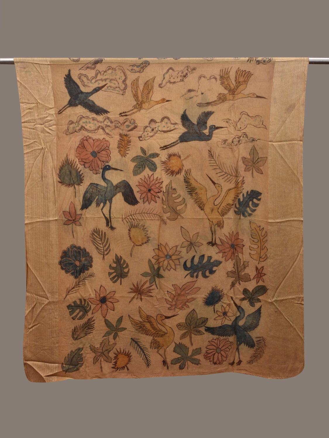 Cream Kalamkari Hand Painted Chiffon Dupatta with Floral and Birds Design ds2926