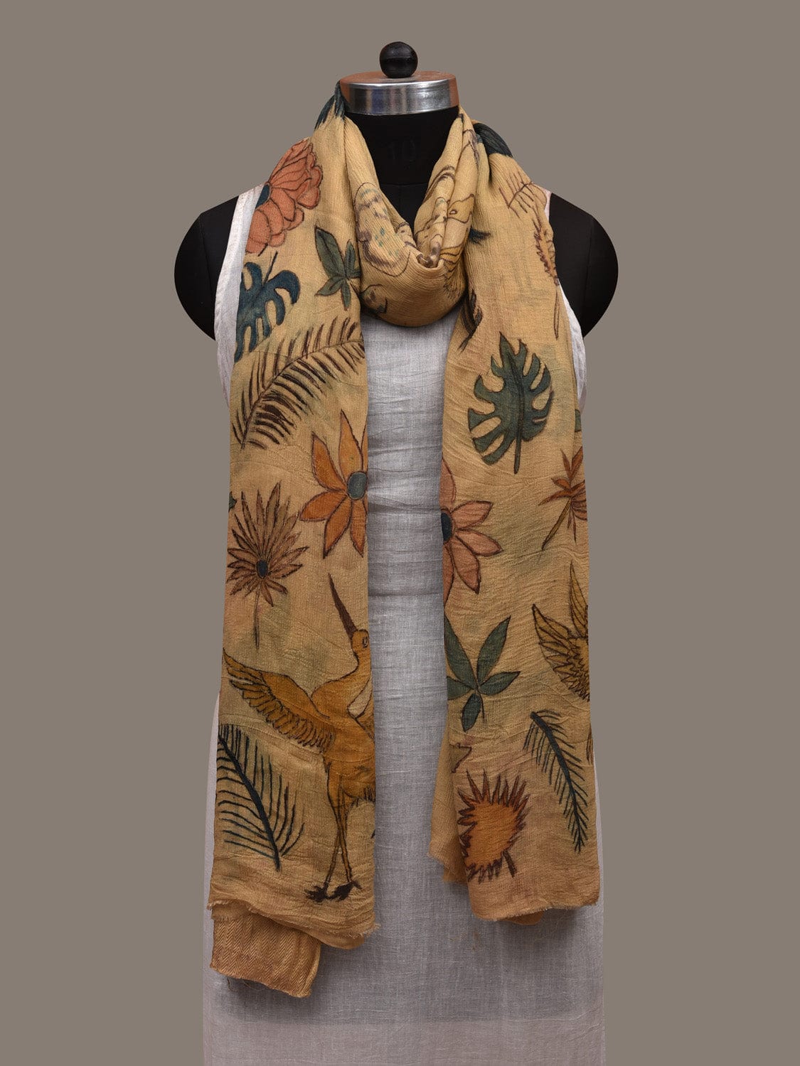 Cream Kalamkari Hand Painted Chiffon Dupatta with Floral and Birds Design ds2926