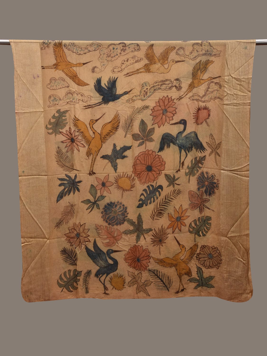 Cream Kalamkari Hand Painted Chiffon Dupatta with Floral and Birds Design ds2926