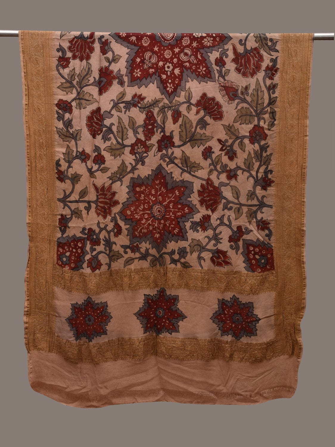 Cream Kalamkari Hand Painted Chiffon Dupatta with Floral and Border Design ds2867