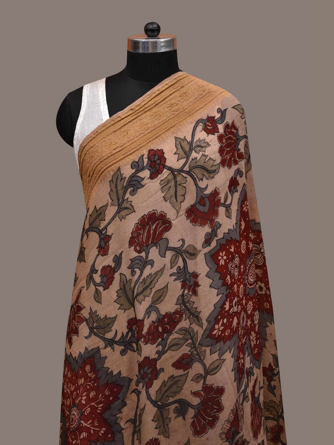 Cream Kalamkari Hand Painted Chiffon Dupatta with Floral and Border Design ds2867