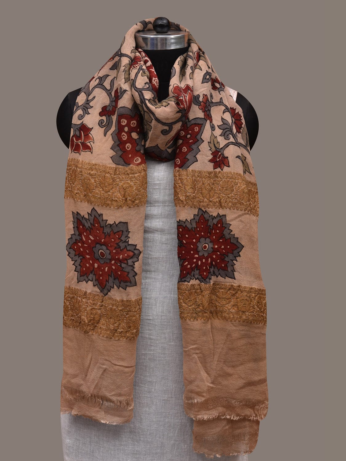 Cream Kalamkari Hand Painted Chiffon Dupatta with Floral and Border Design ds2867