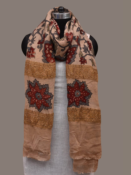 Cream Kalamkari Hand Painted Chiffon Dupatta with Floral and Border Design ds2867