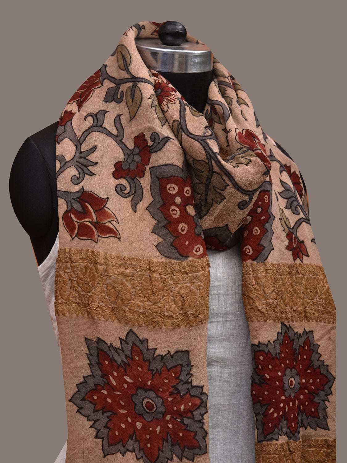 Cream Kalamkari Hand Painted Chiffon Dupatta with Floral and Border Design ds2867