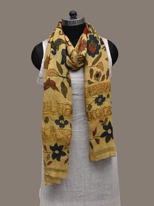 Cream Kalamkari Hand Painted Chiffon Dupatta with Floral and Peacock Design ds2545