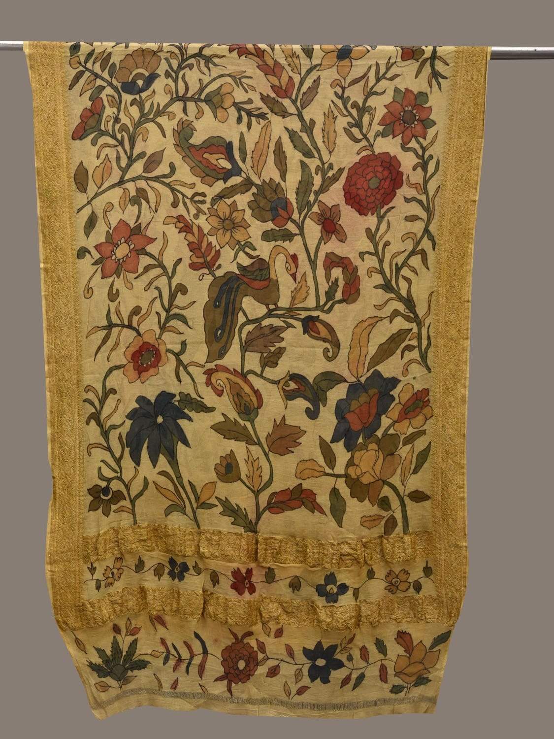 Cream Kalamkari Hand Painted Chiffon Dupatta with Floral and Peacock Design ds2545