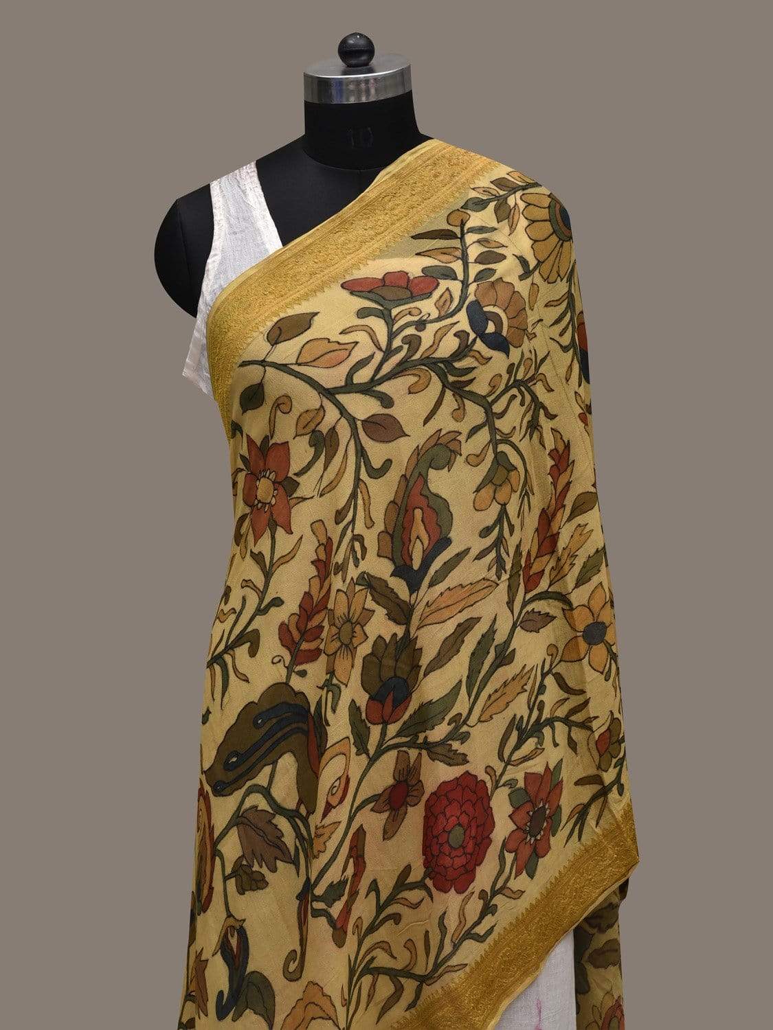 Cream Kalamkari Hand Painted Chiffon Dupatta with Floral and Peacock Design ds2545