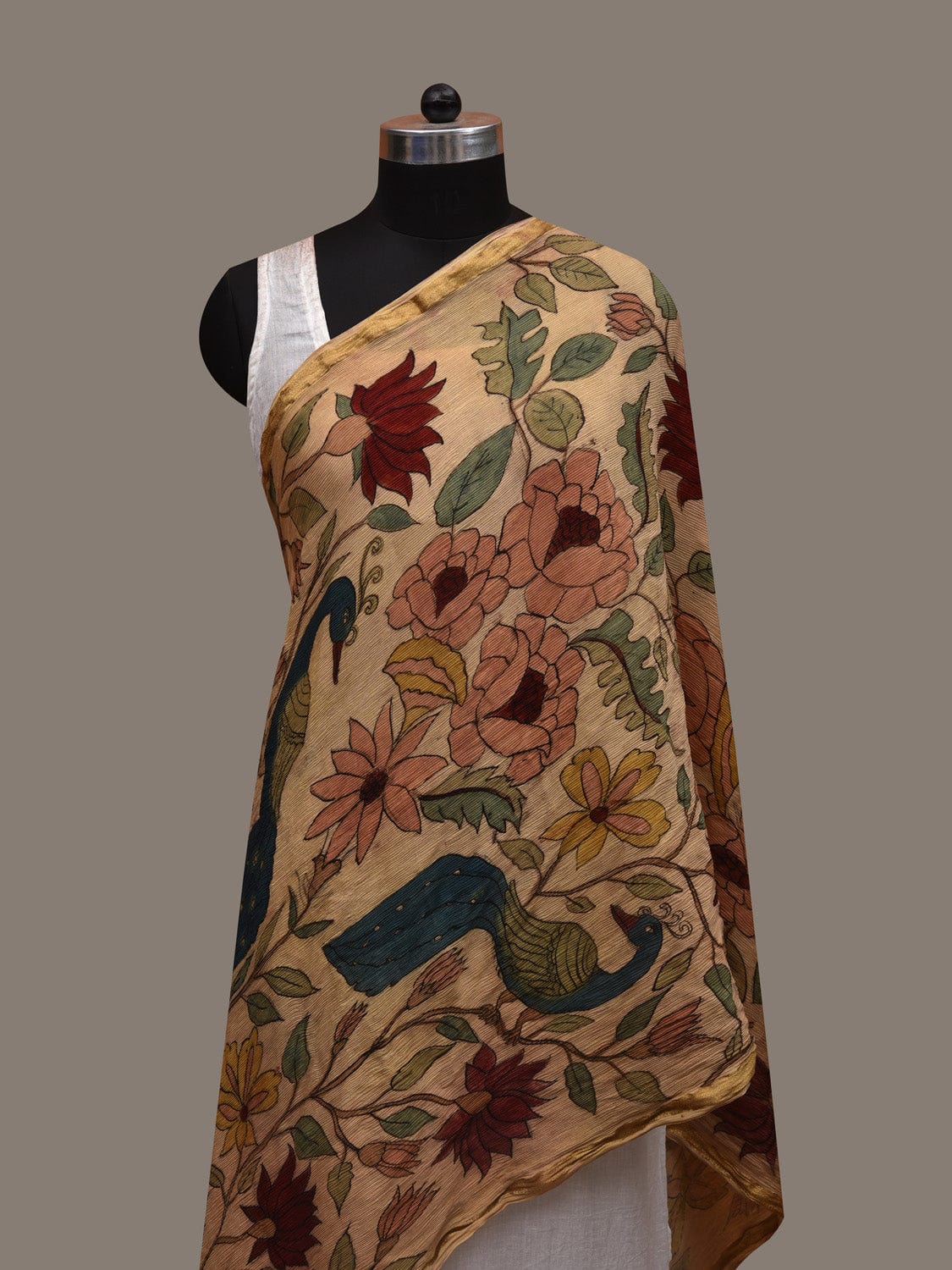 Cream Kalamkari Hand Painted Chiffon Dupatta with Floral and Peacocks Design ds2921