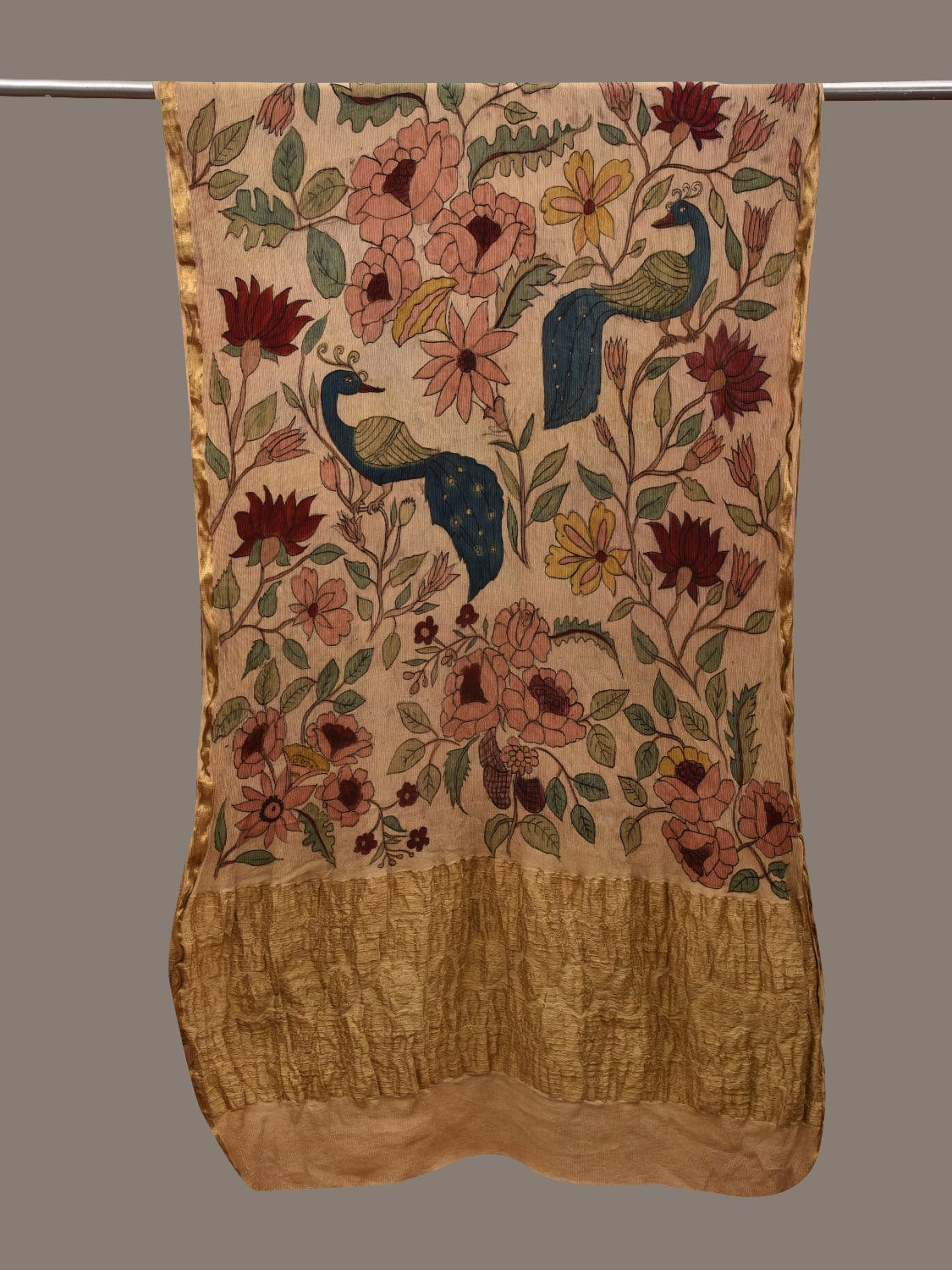 Cream Kalamkari Hand Painted Chiffon Dupatta with Floral and Peacocks Design ds2921