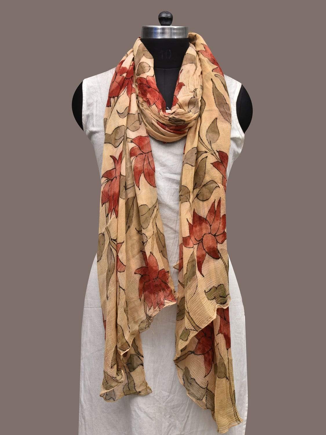 Cream Kalamkari Hand Painted Chiffon Dupatta with Floral Design ds2299