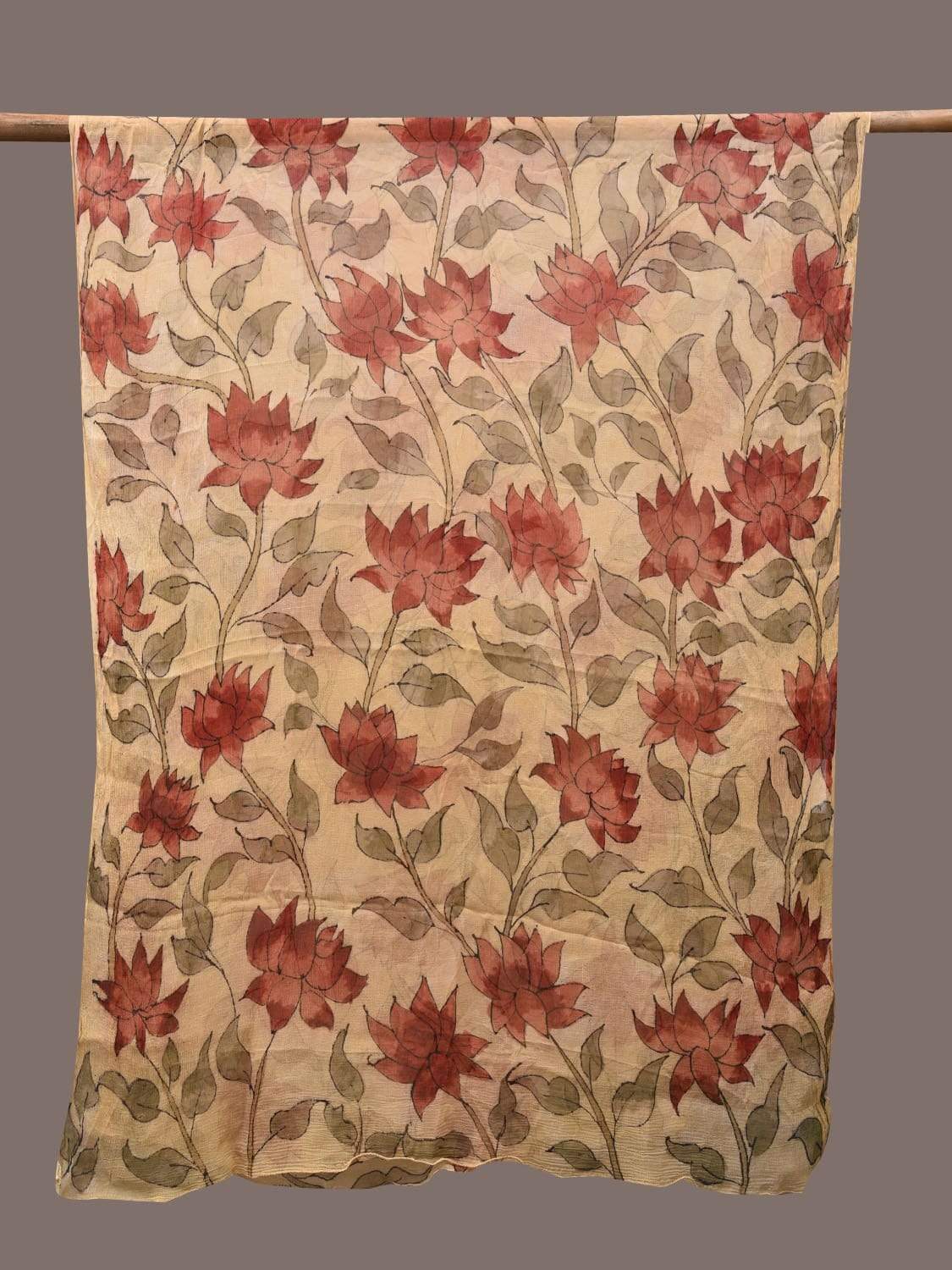 Cream Kalamkari Hand Painted Chiffon Dupatta with Floral Design ds2299