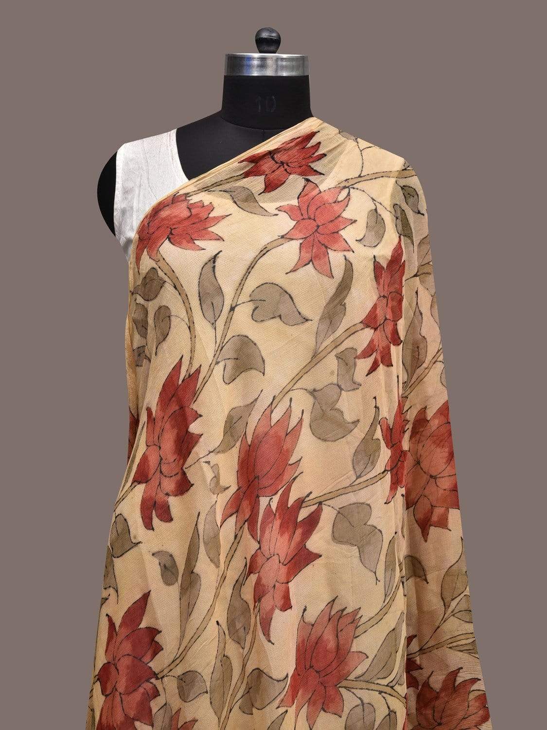 Cream Kalamkari Hand Painted Chiffon Dupatta with Floral Design ds2299