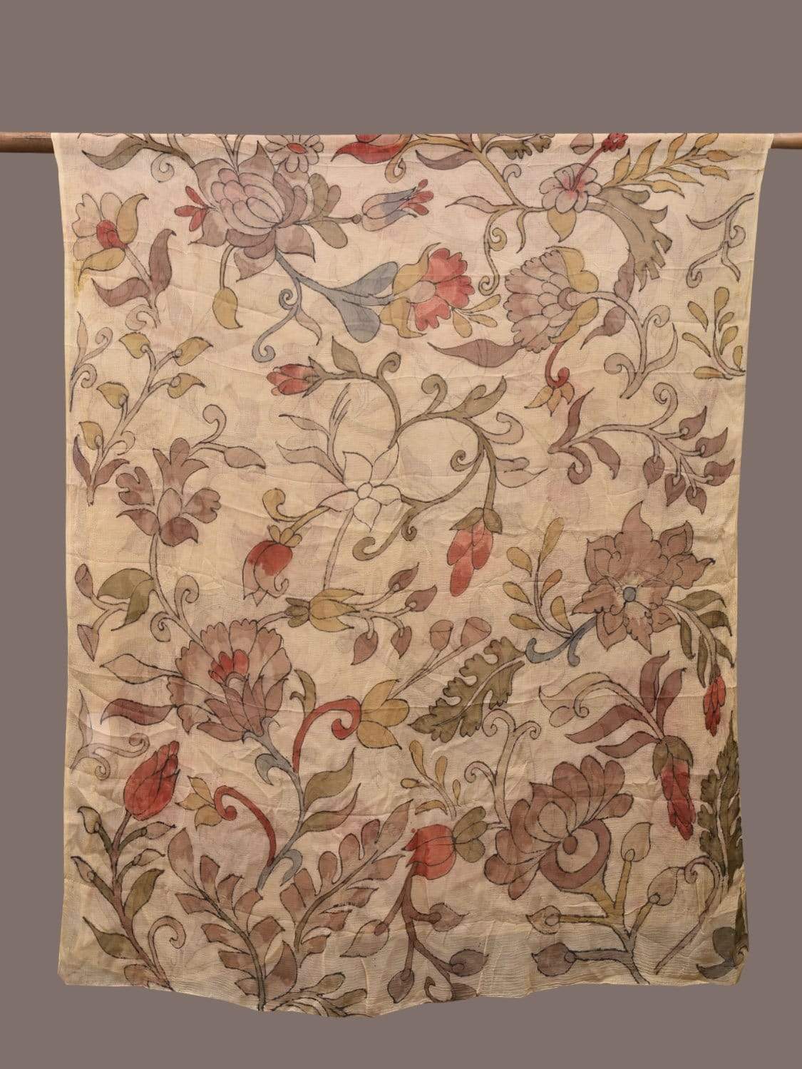 Cream Kalamkari Hand Painted Chiffon Dupatta with Floral Design ds2300