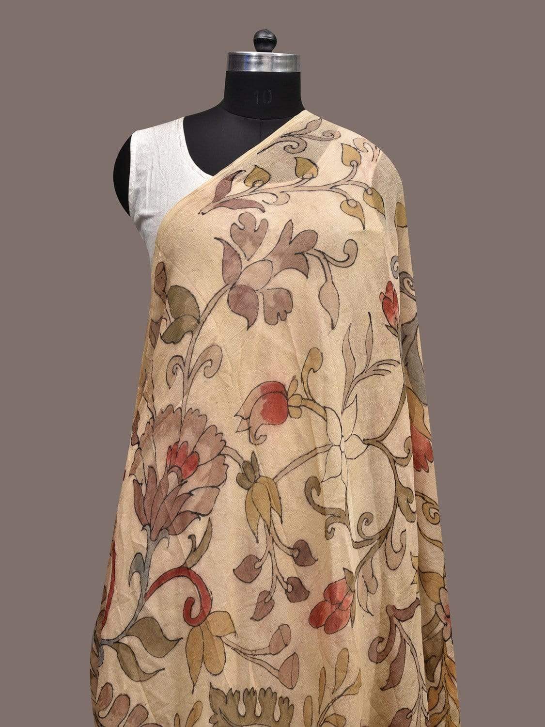 Cream Kalamkari Hand Painted Chiffon Dupatta with Floral Design ds2300