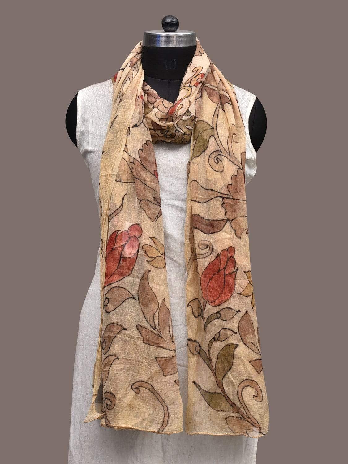 Cream Kalamkari Hand Painted Chiffon Dupatta with Floral Design ds2300