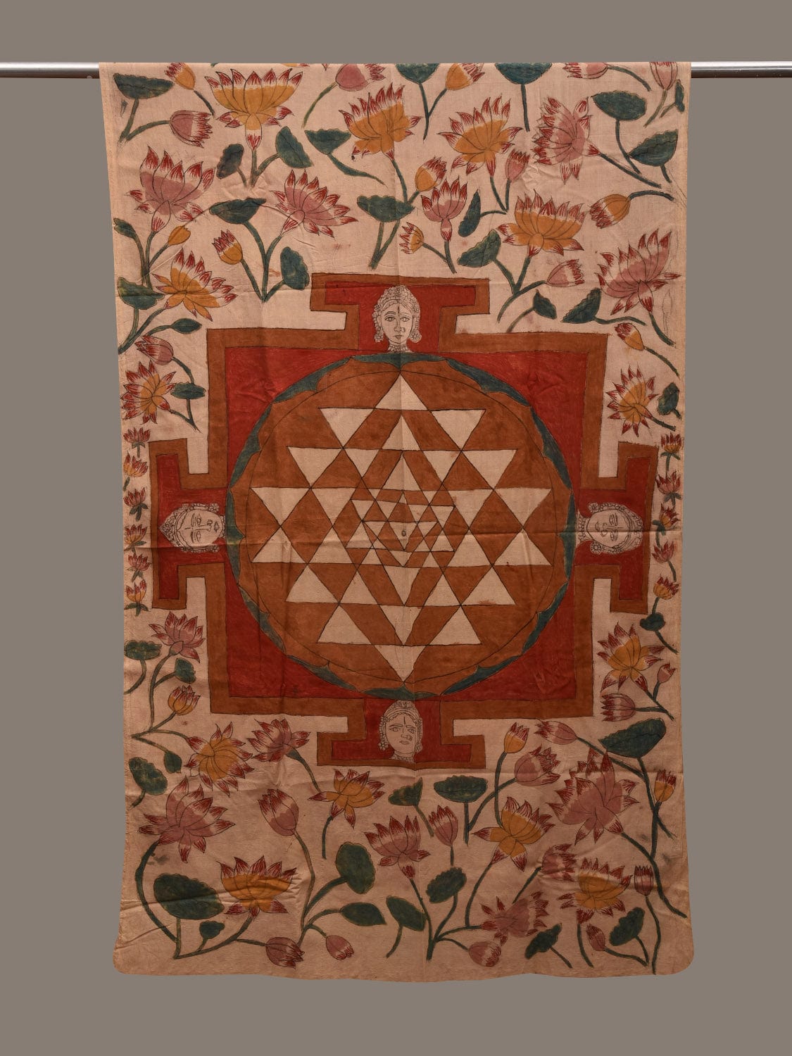 Cream Kalamkari Hand Painted Cotton Dupatta with Lotus Flowers and Chakra Design ds2928