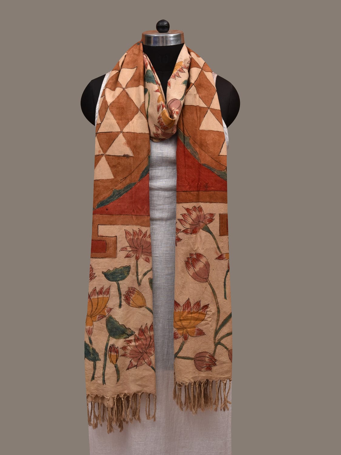 Cream Kalamkari Hand Painted Cotton Dupatta with Lotus Flowers and Chakra Design ds2928