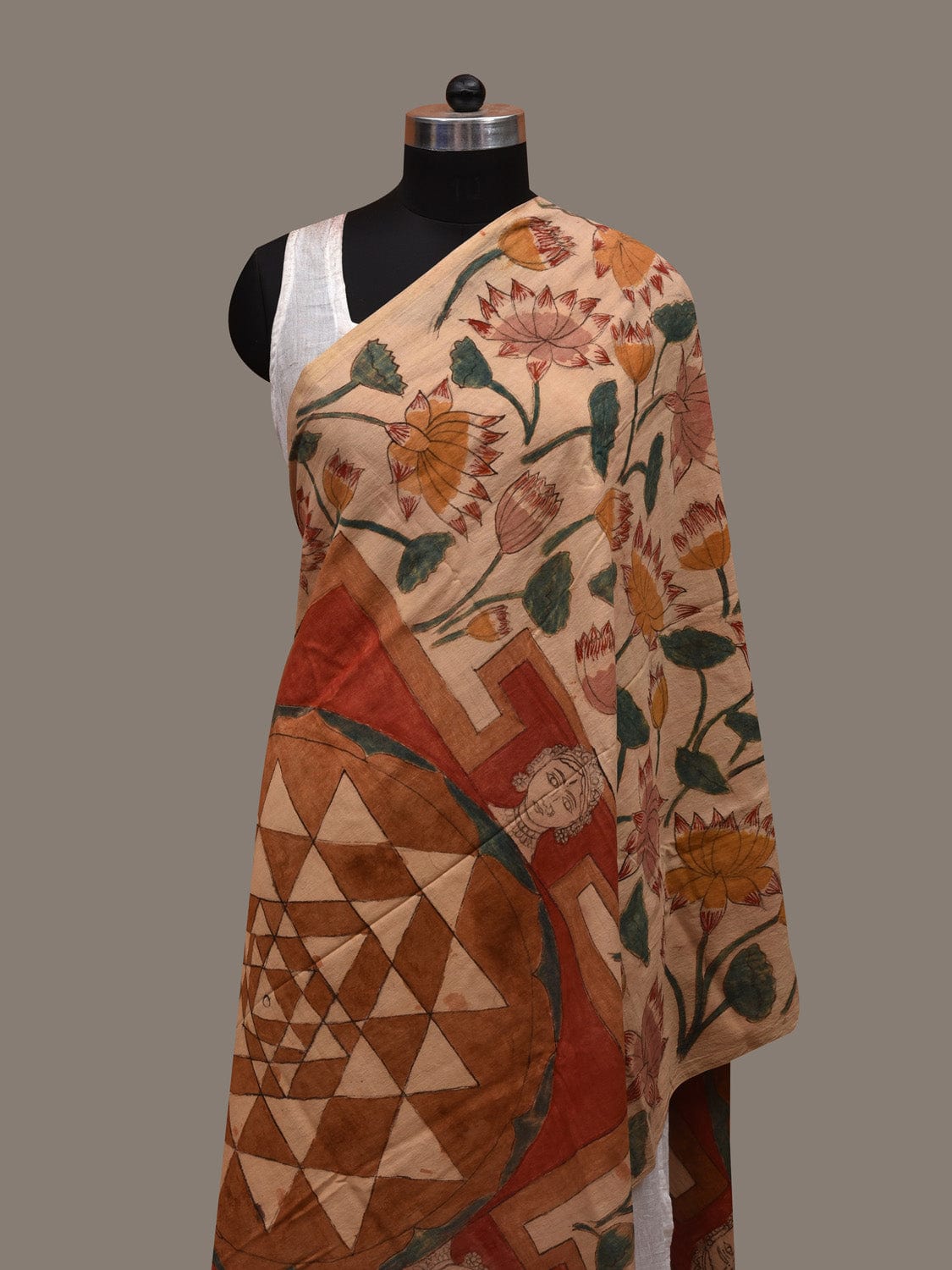 Cream Kalamkari Hand Painted Cotton Dupatta with Lotus Flowers and Chakra Design ds2928