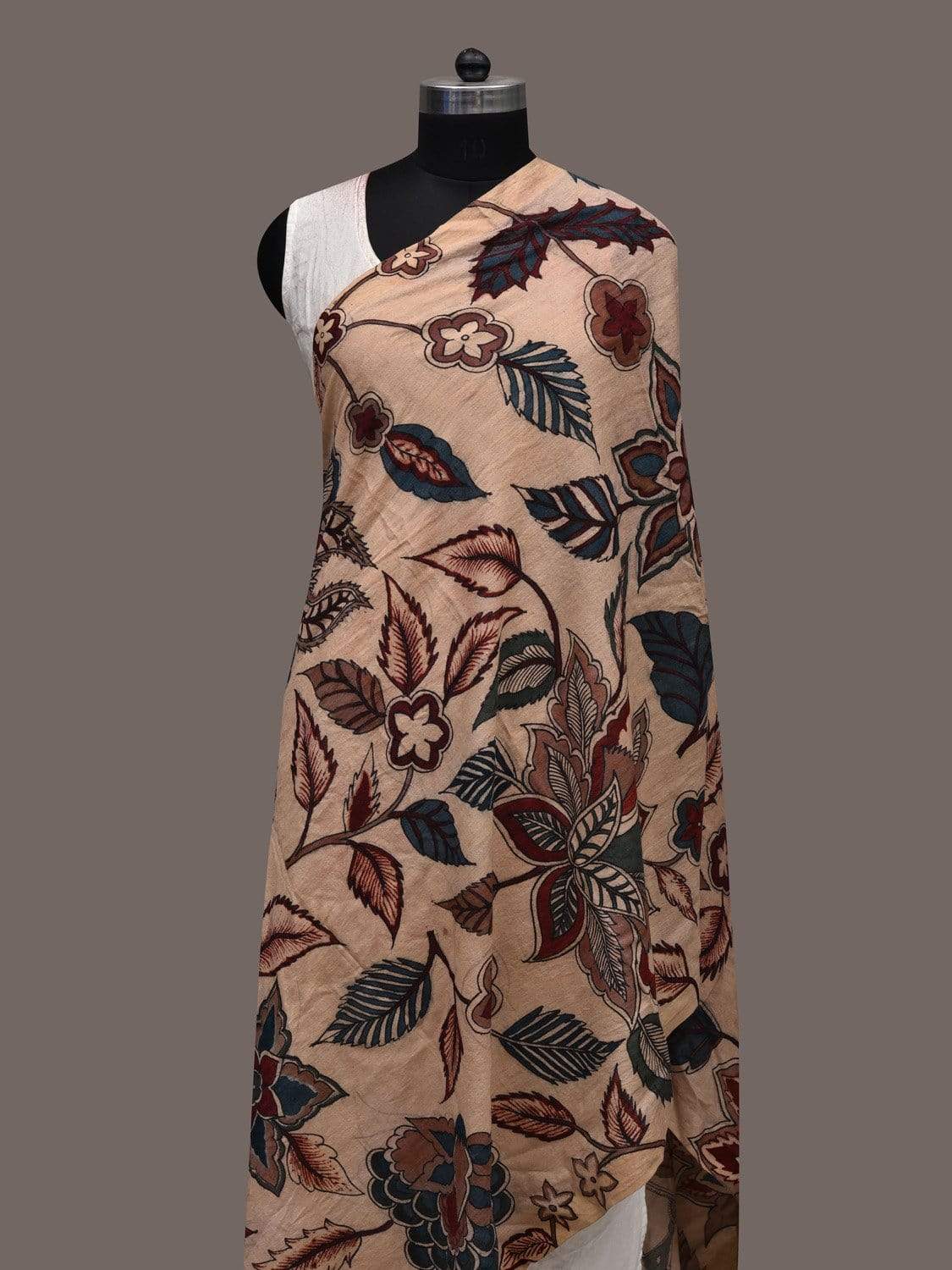 Cream Kalamkari Hand Painted Cotton Eri Silk Handloom Dupatta with Floral Design ds2364