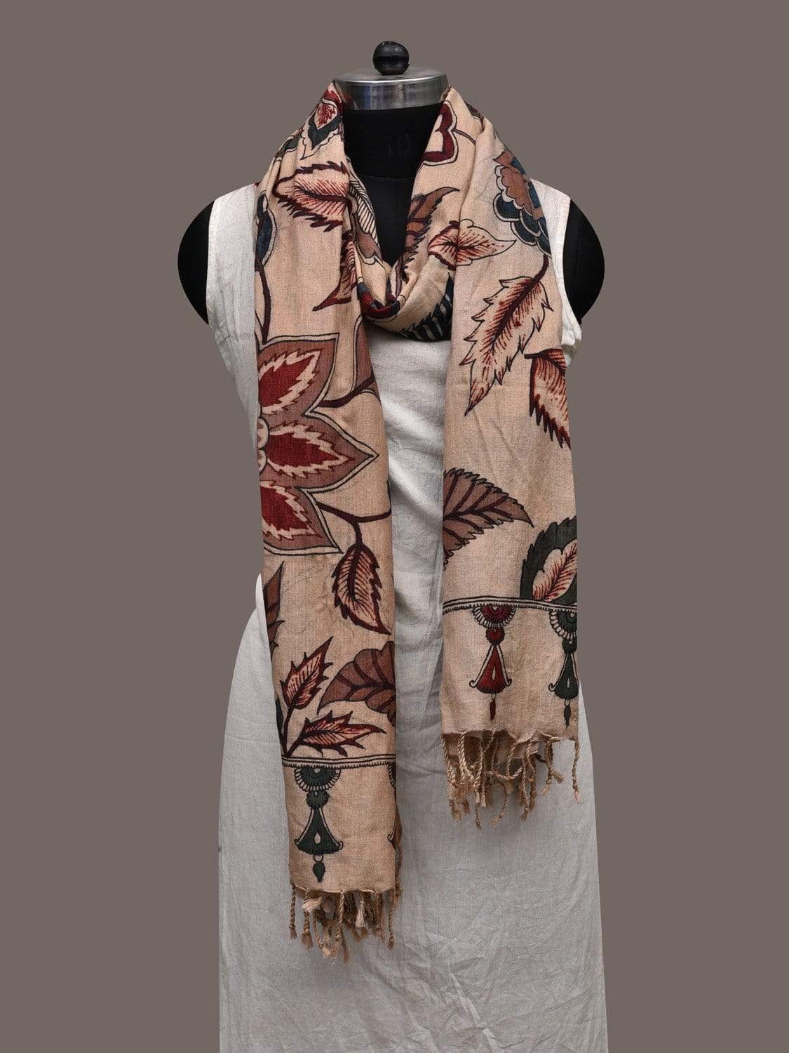 Cream Kalamkari Hand Painted Cotton Eri Silk Handloom Dupatta with Floral Design ds2364