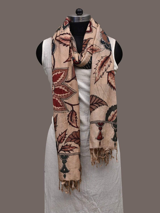 Cream Kalamkari Hand Painted Cotton Eri Silk Handloom Dupatta with Floral Design ds2364