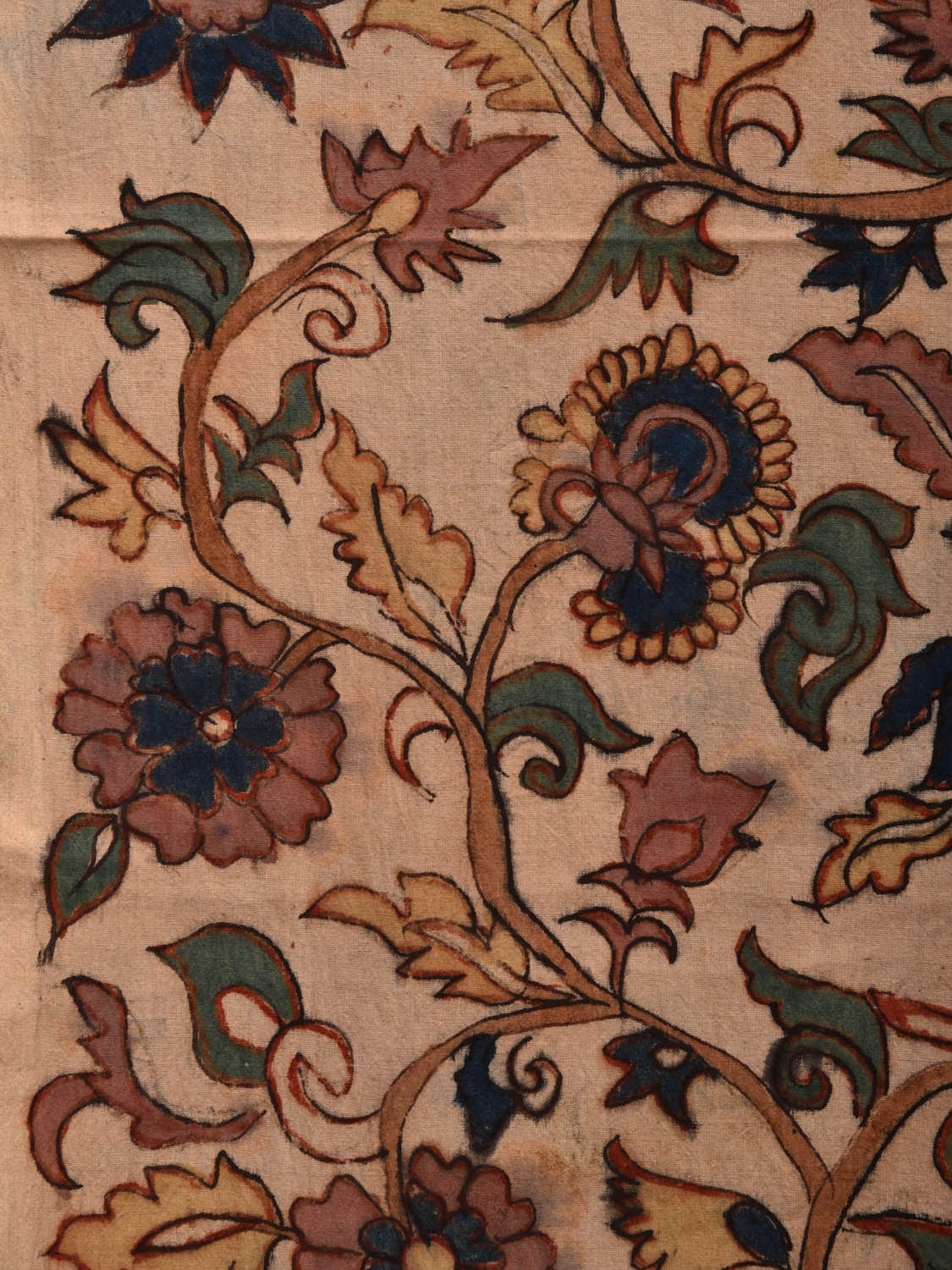 Cream Kalamkari Hand Painted Cotton Handloom 3mts Fabric with Floral Design f0204