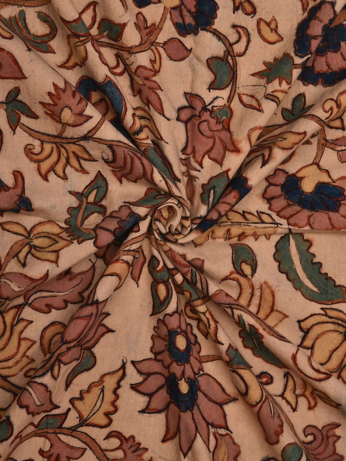 Cream Kalamkari Hand Painted Cotton Handloom 3mts Fabric with Floral Design f0204