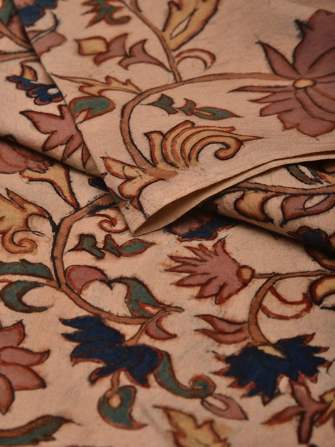 Cream Kalamkari Hand Painted Cotton Handloom 3mts Fabric with Floral Design f0204