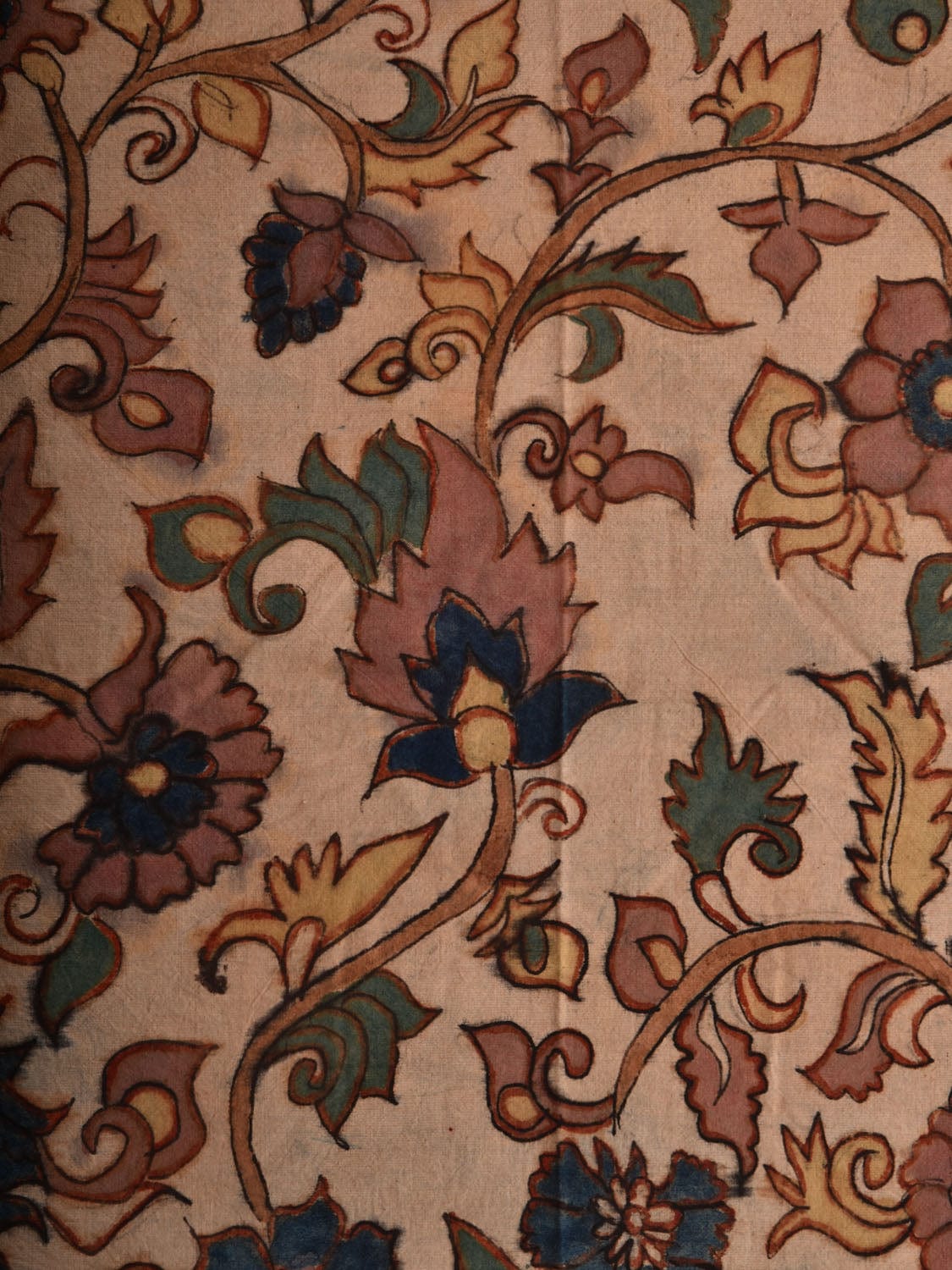 Cream Kalamkari Hand Painted Cotton Handloom 3mts Fabric with Floral Design f0204