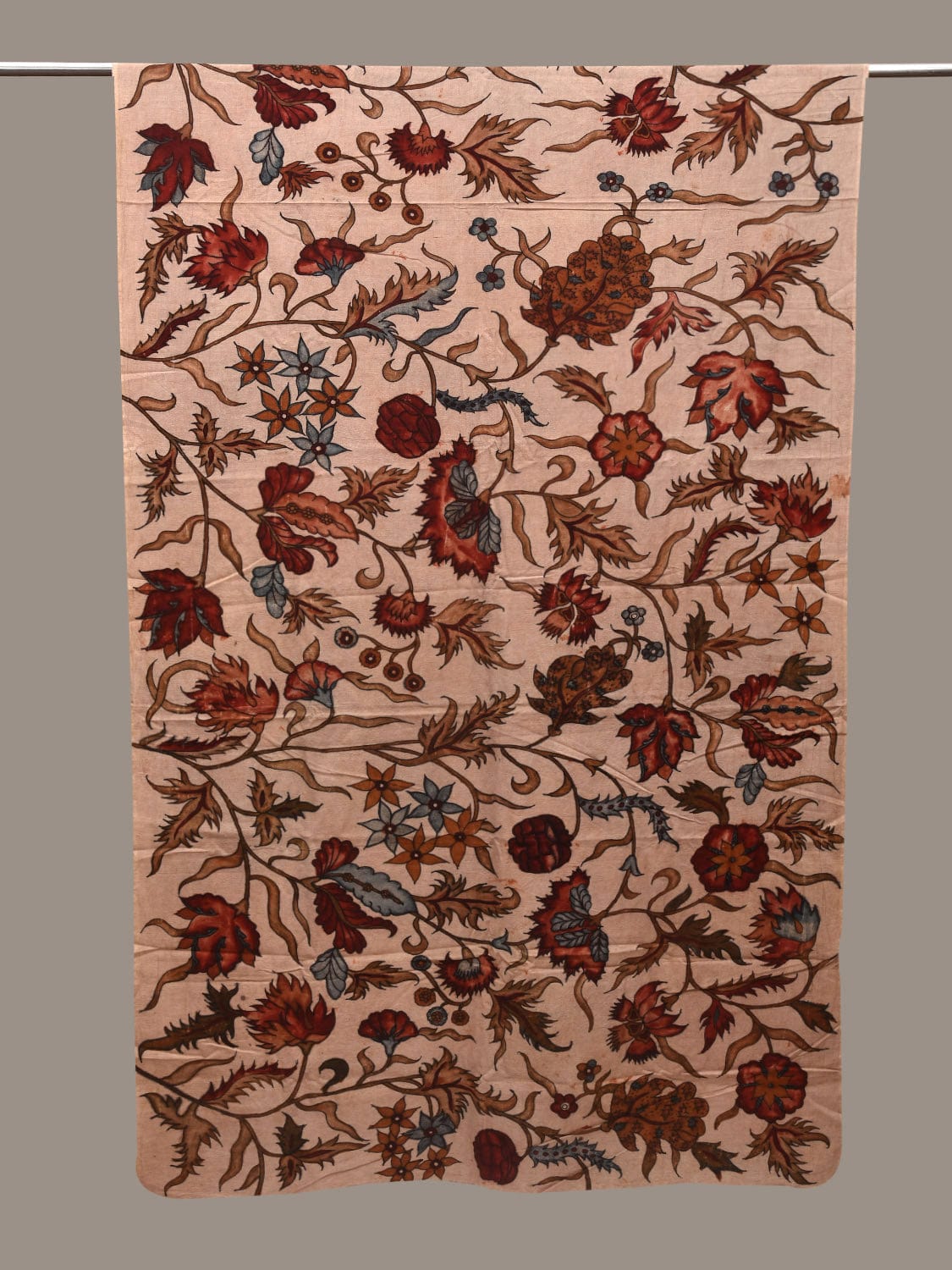 Cream Kalamkari Hand Painted Cotton Handloom 3mts Fabric with Floral Design f0210