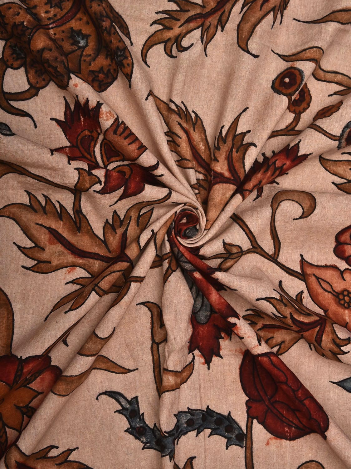 Cream Kalamkari Hand Painted Cotton Handloom 3mts Fabric with Floral Design f0210