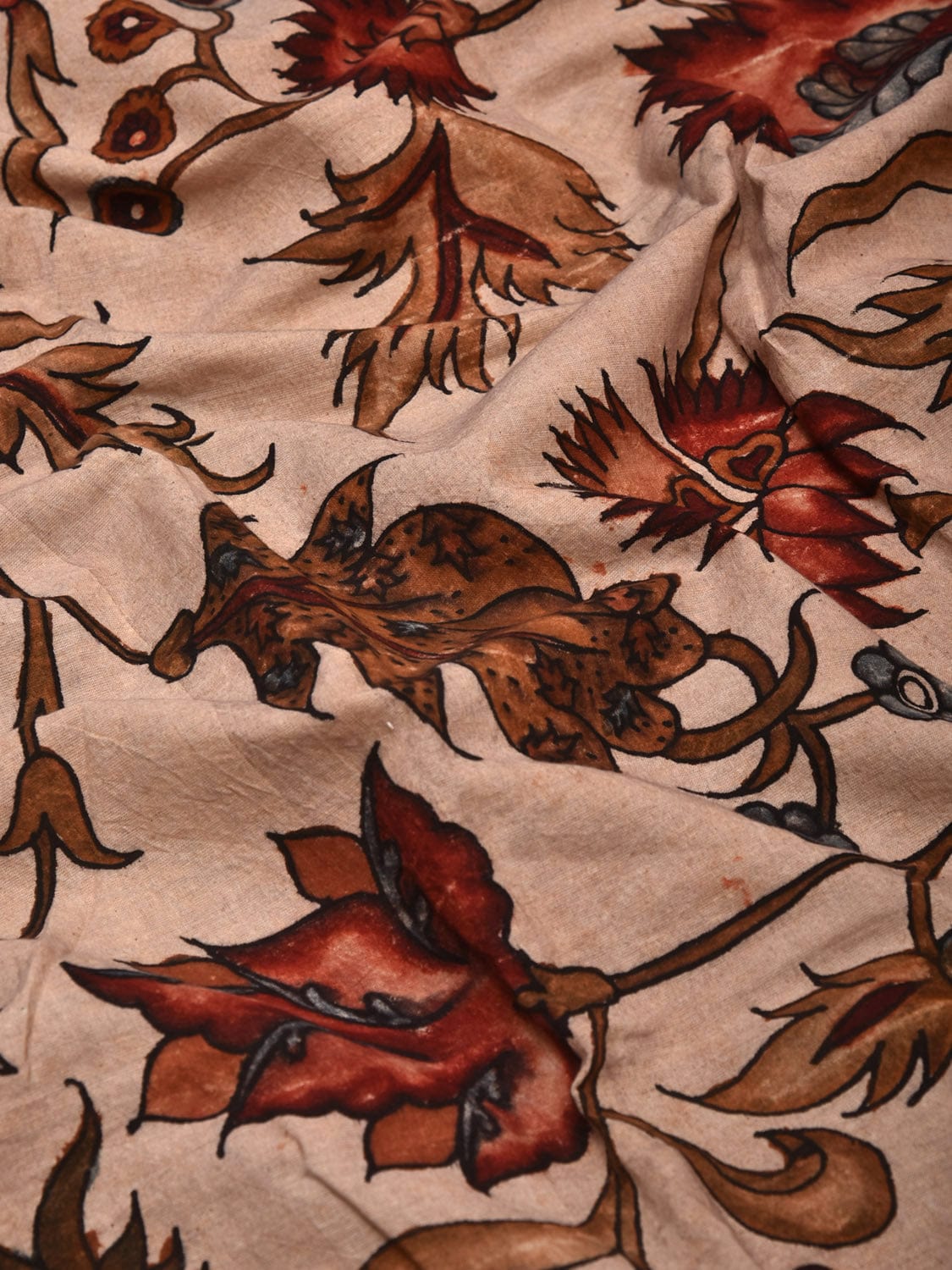 Cream Kalamkari Hand Painted Cotton Handloom 3mts Fabric with Floral Design f0210