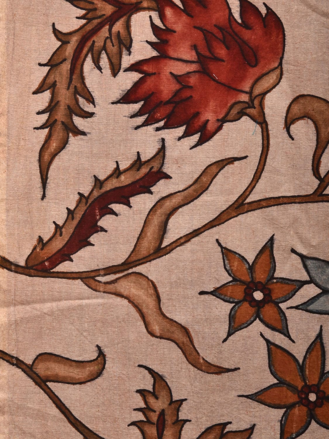 Cream Kalamkari Hand Painted Cotton Handloom 3mts Fabric with Floral Design f0210