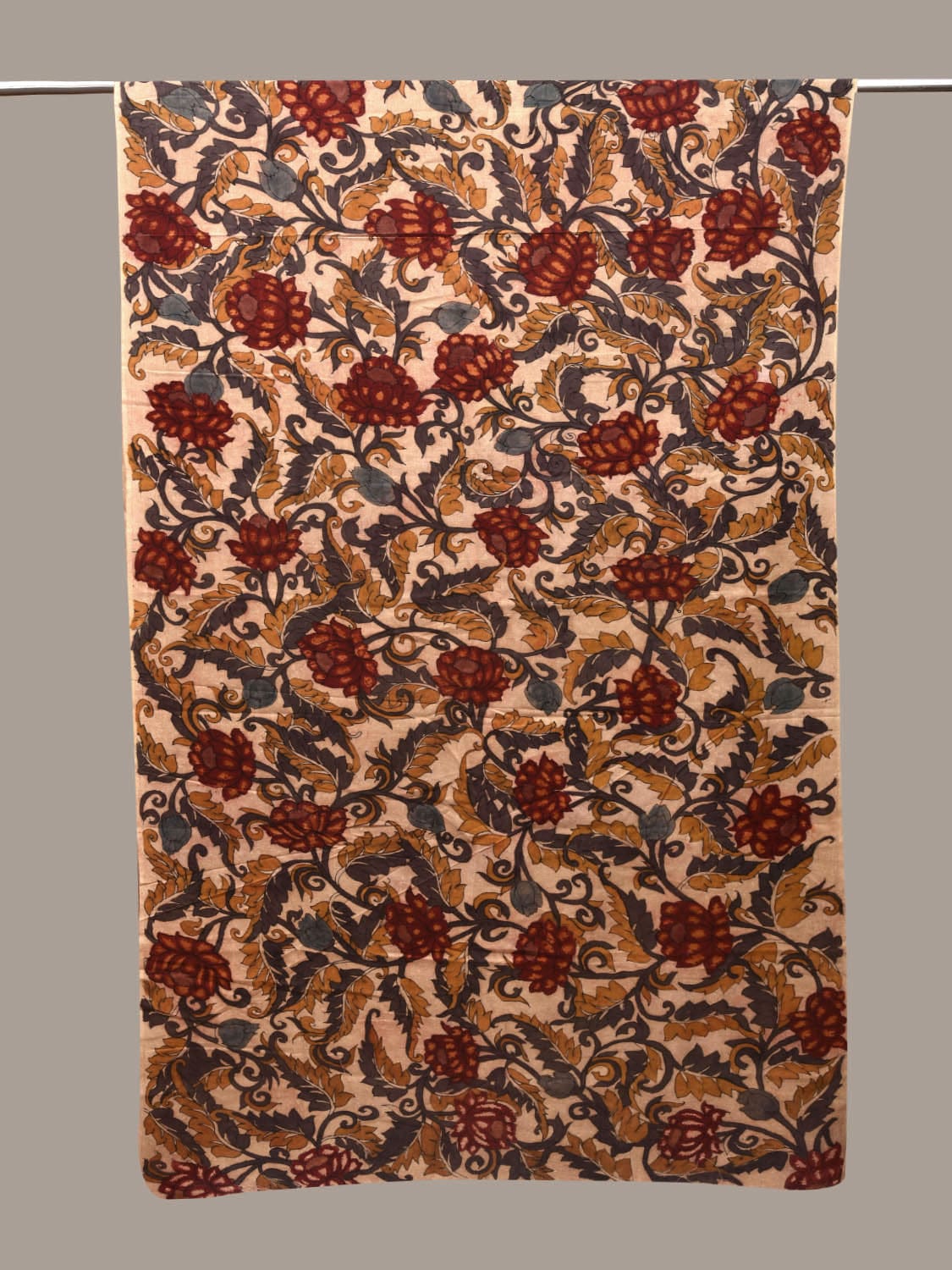 Cream Kalamkari Hand Painted Cotton Handloom 3mts Fabric with Lotus Flowers Design f0208