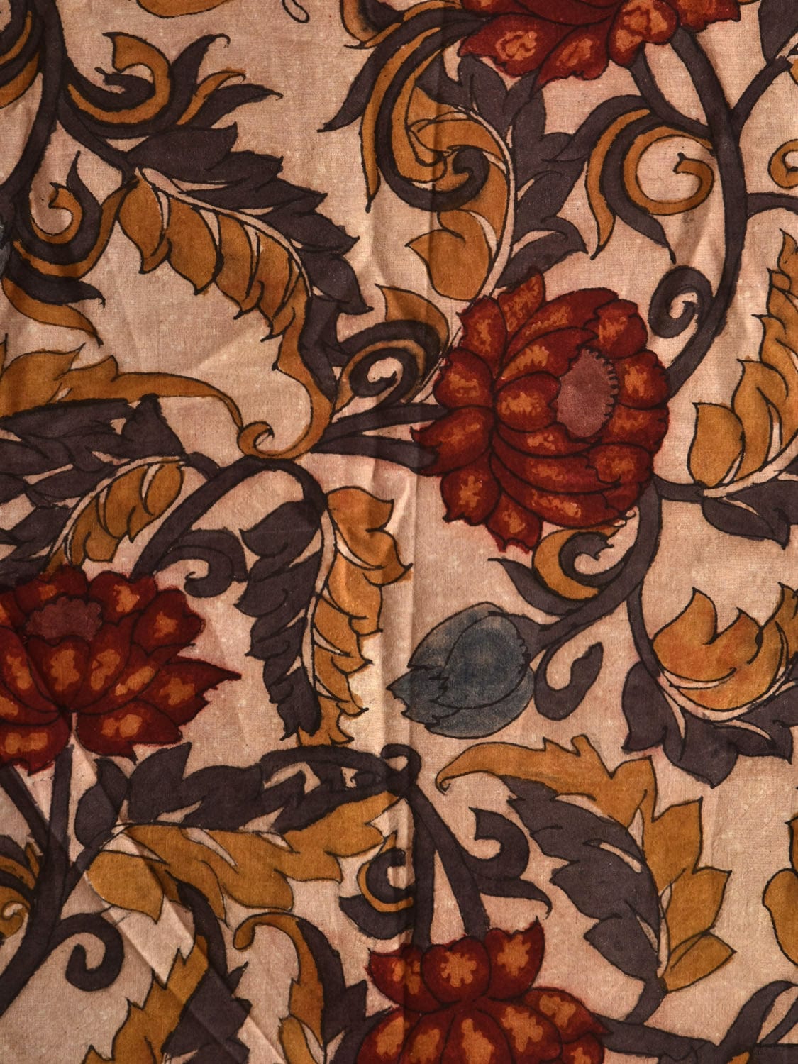 Cream Kalamkari Hand Painted Cotton Handloom 3mts Fabric with Lotus Flowers Design f0208