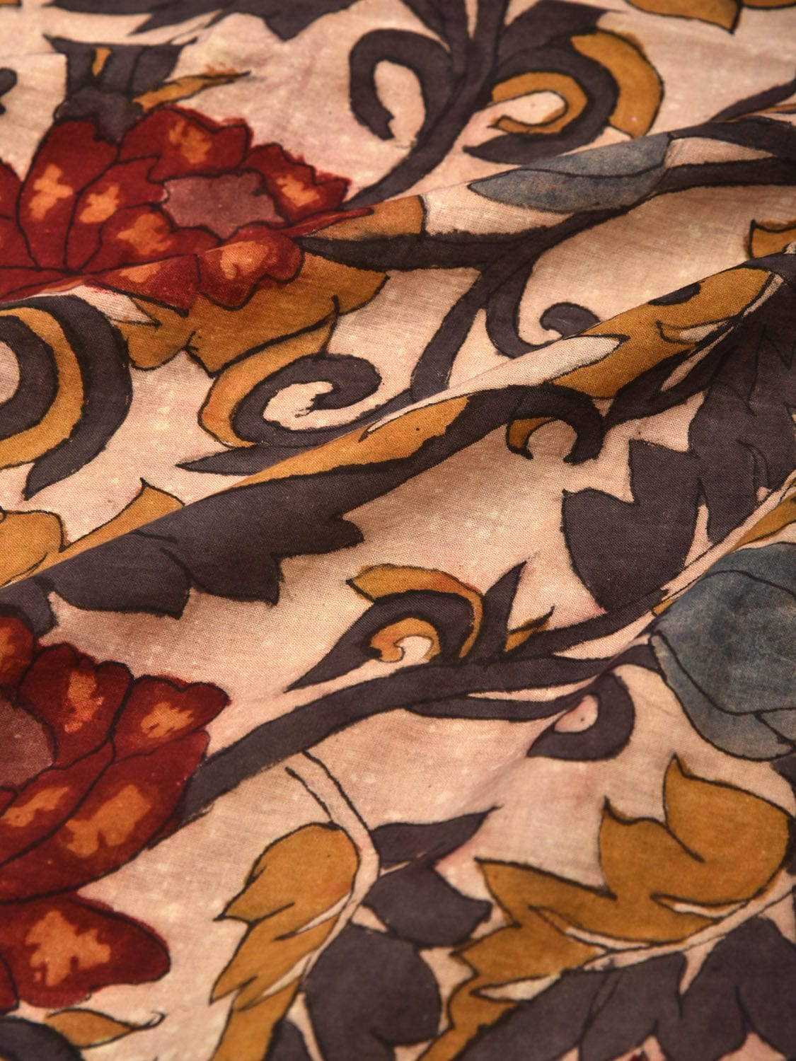 Cream Kalamkari Hand Painted Cotton Handloom 3mts Fabric with Lotus Flowers Design f0208