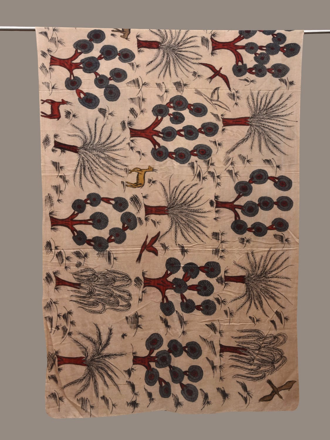 Cream Kalamkari Hand Painted Cotton Handloom 3mts Fabric with Trees and Deers Design f0207