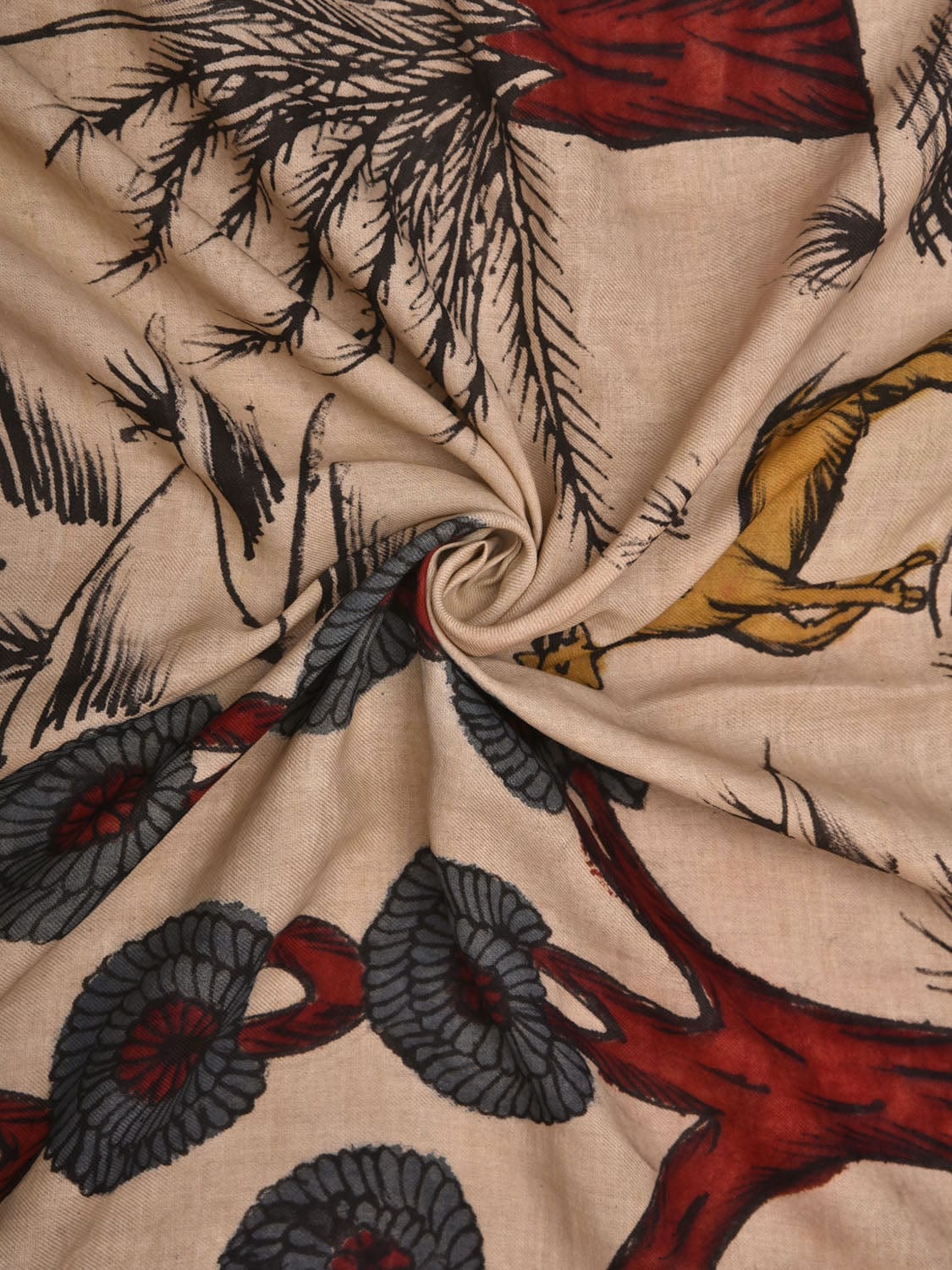 Cream Kalamkari Hand Painted Cotton Handloom 3mts Fabric with Trees and Deers Design f0207