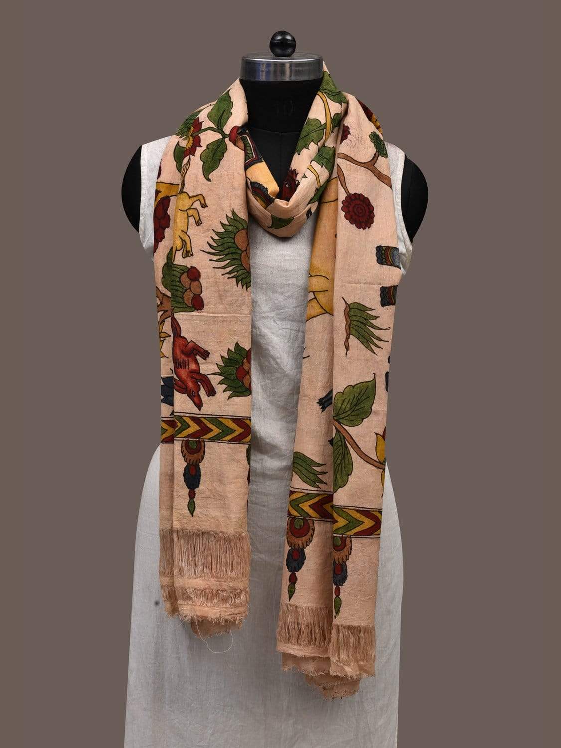 Cream Kalamkari Hand Painted Cotton Handloom Dupatta with Animals Design ds2387