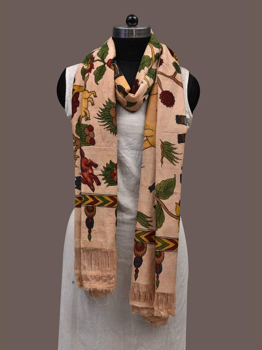 Cream Kalamkari Hand Painted Cotton Handloom Dupatta with Animals Design ds2387