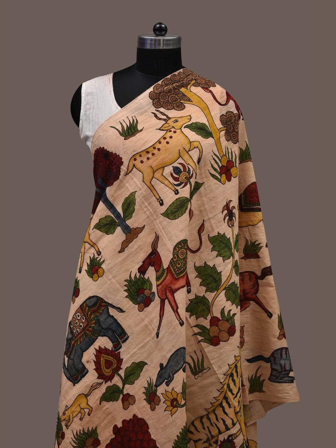 Cream Kalamkari Hand Painted Cotton Handloom Dupatta with Animals Design ds2387