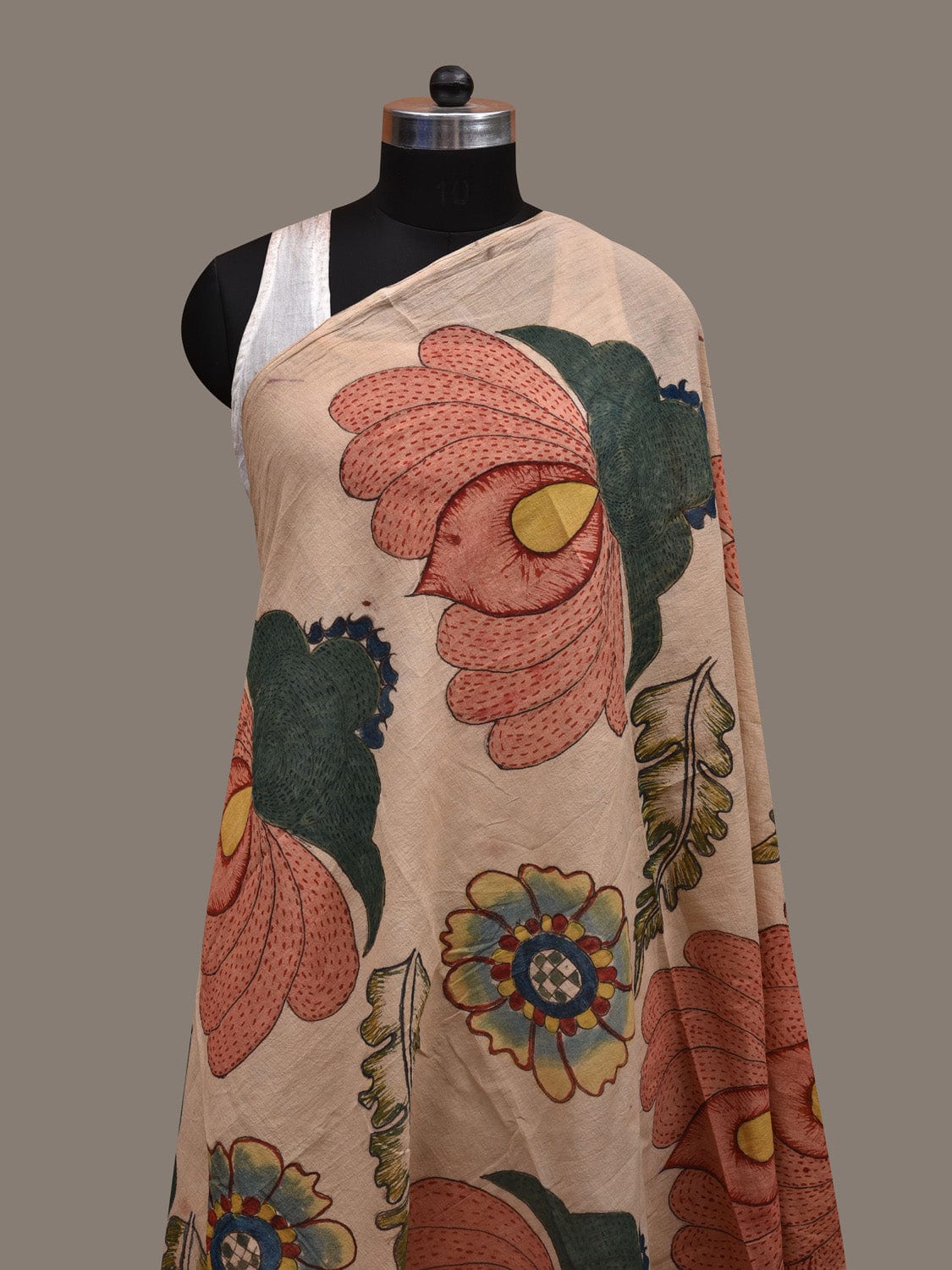 Cream Kalamkari Hand Painted Cotton Handloom Dupatta with Big Floral Design ds2844