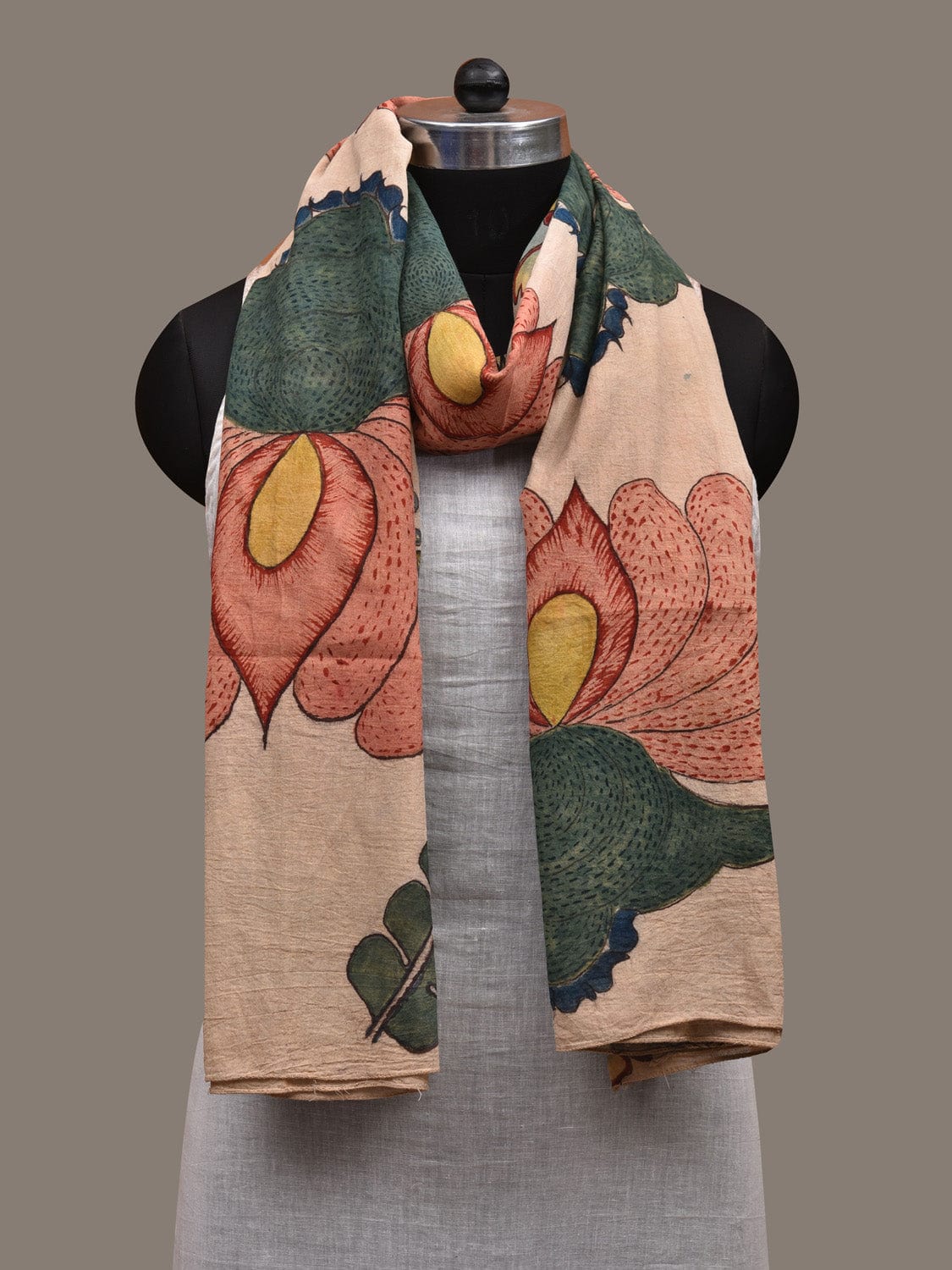 Cream Kalamkari Hand Painted Cotton Handloom Dupatta with Big Floral Design ds2844