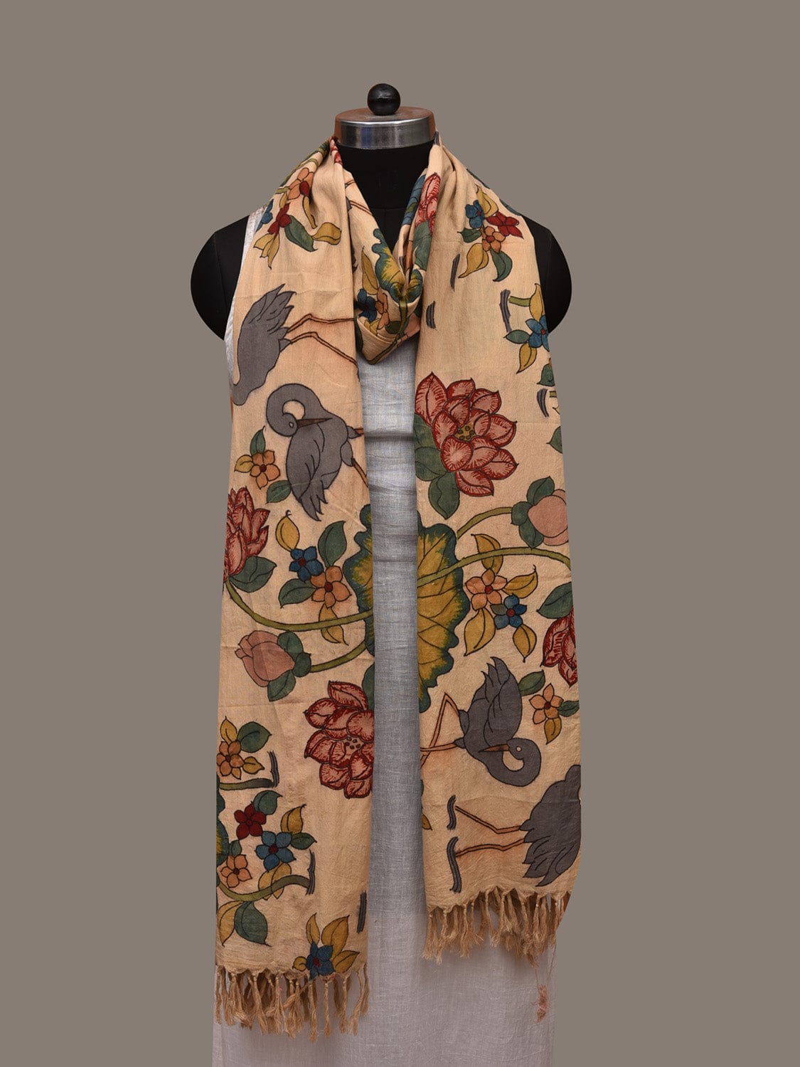 Cream Kalamkari Hand Painted Cotton Handloom Dupatta with Birds and Lotus Flowers Design ds2975